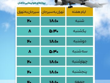 پرواز سیرجان تهران و بالعکس با هواپیمایی ماهان برای هر روز هفته